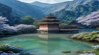 日本动漫剧场版，少年主角站在樱花盛开的山顶，远眺城市，画风细腻清新唯美